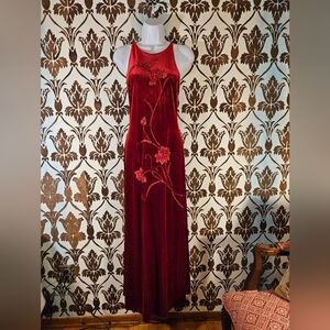 Vtg. REGGIO Women's PETITE 8 Red Velvet Maxi Bodycon Stretch Beaded Dress Y2K